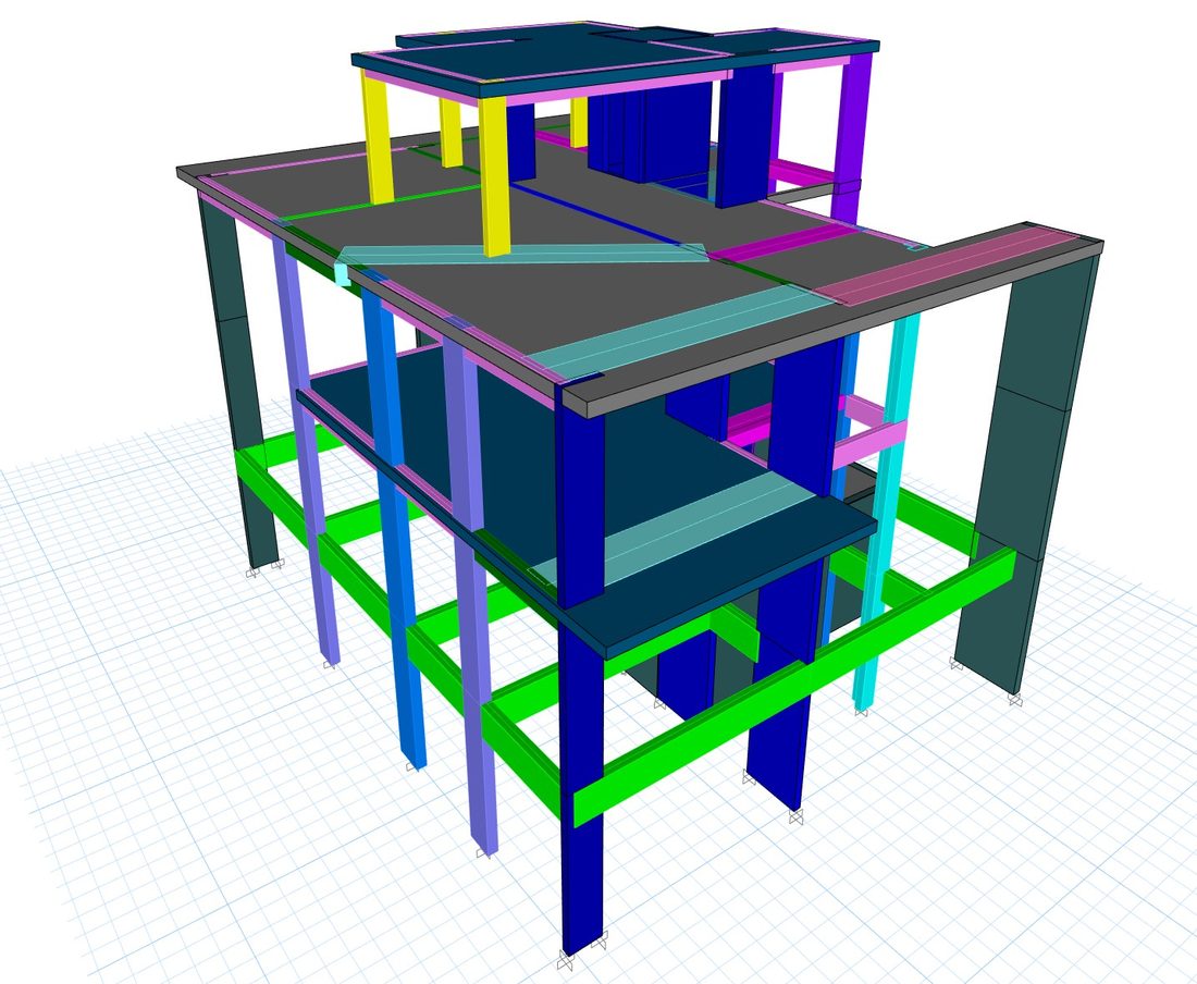 ETABS 3D model of the villa showing shear walls, columns, beams and slabs over a basement